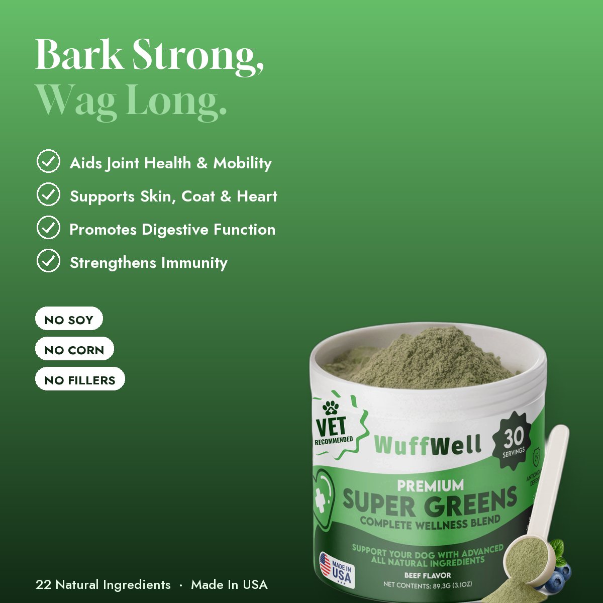 WuffWell Super Greens jar with key benefits