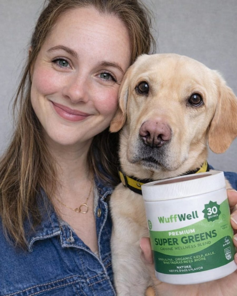 WuffWell customer with her yellow labrador